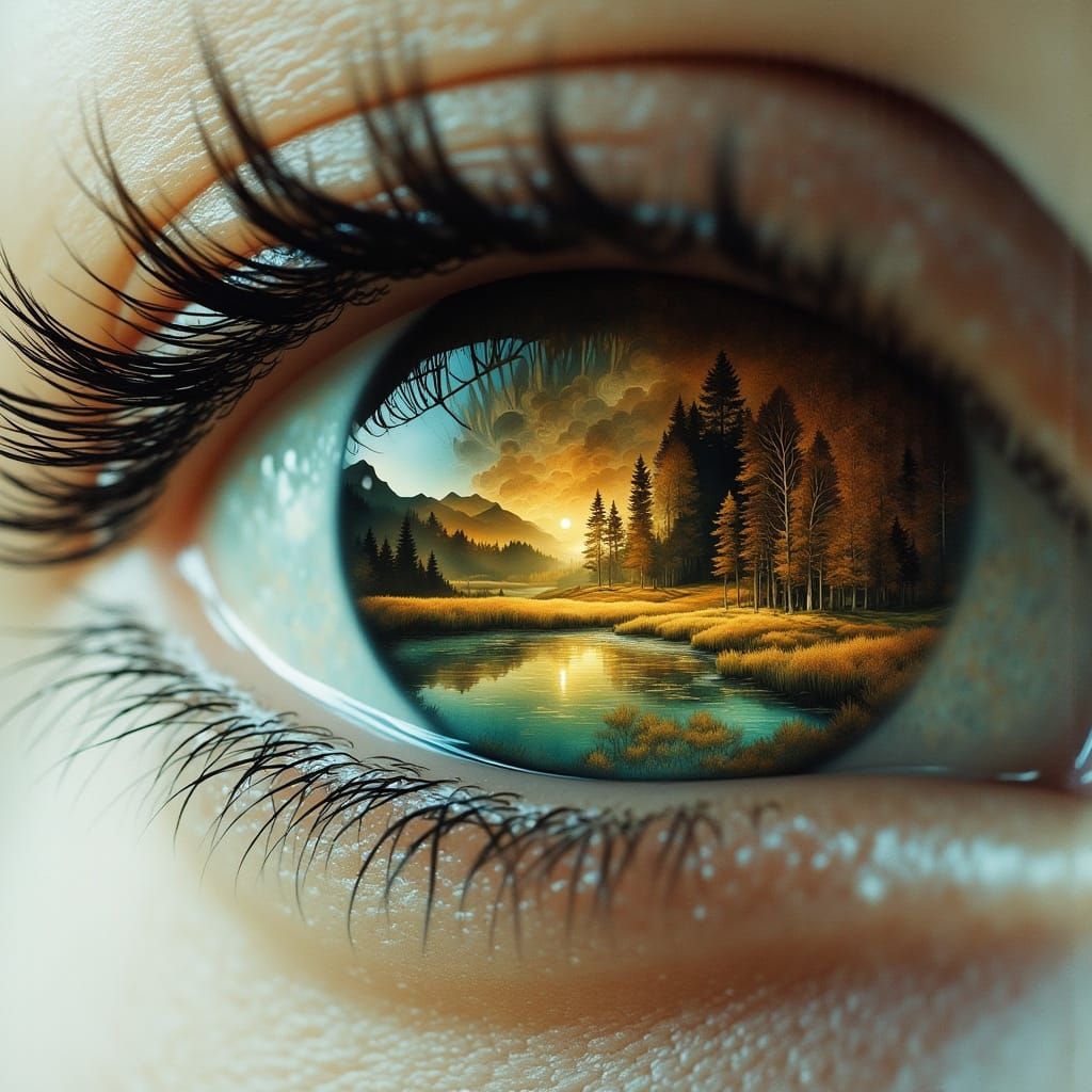 Hyperrealistic Double Exposure: Eye Merged with River Valley