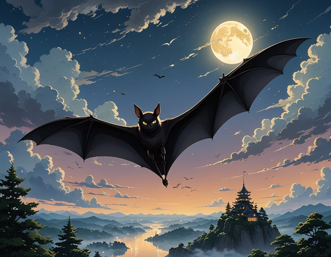 Enormous Bat Soars through Dreamy Moonlit Sky