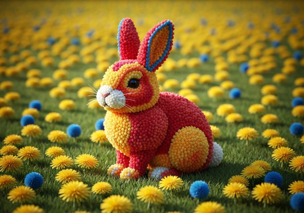 Vibrant Pom-Pom Mosaic of a Rabbit in Field