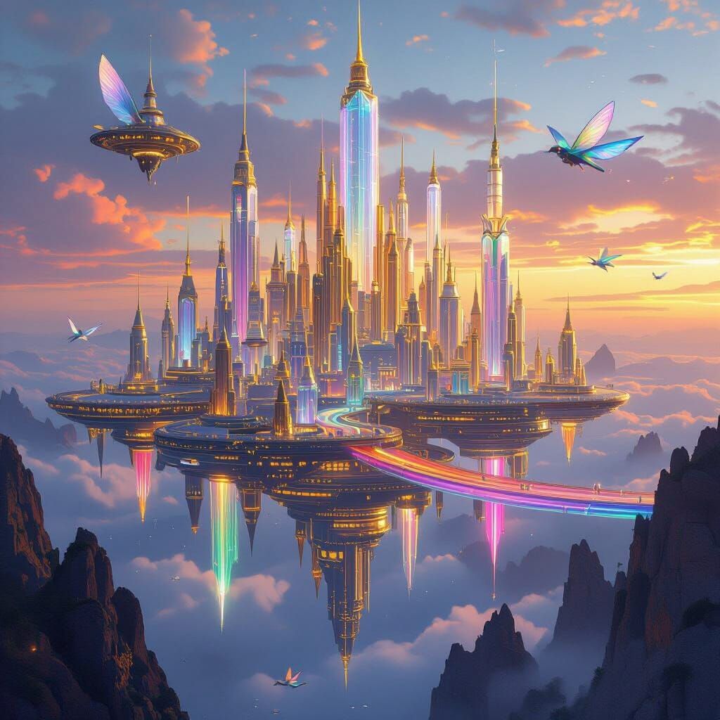 Floating City at Dawn: Futuristic Crystal Towers