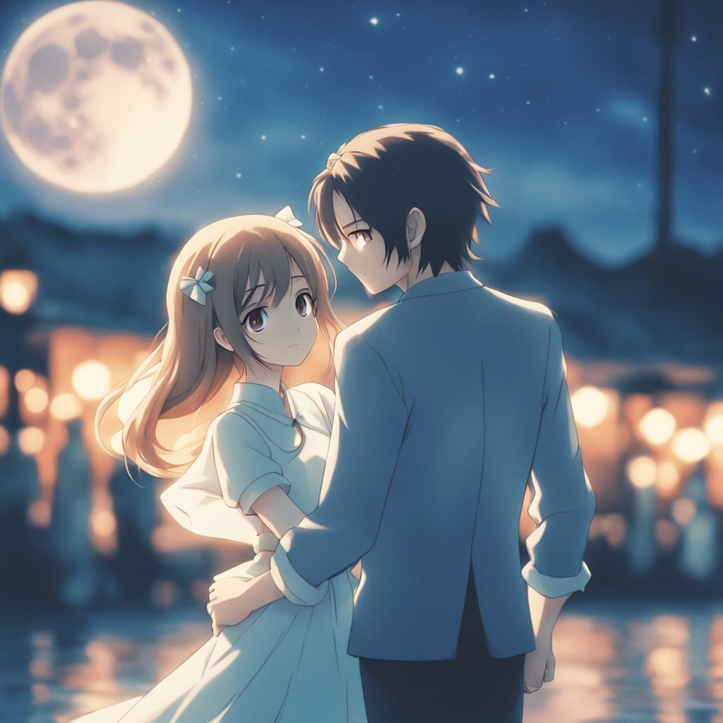 Romantic Anime Couple Dancing Under Moonlight