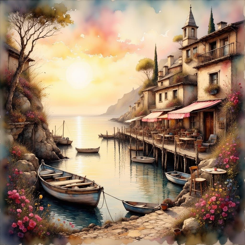 Coastal Town Sunrise in Pastel Hues with Vintage Charm