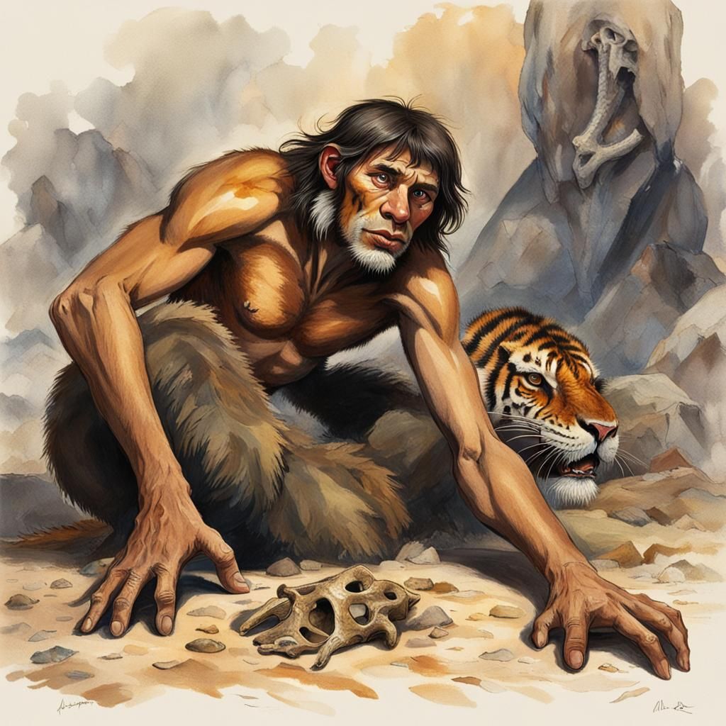 Young Neanderthal Man Relaxing by Firelight