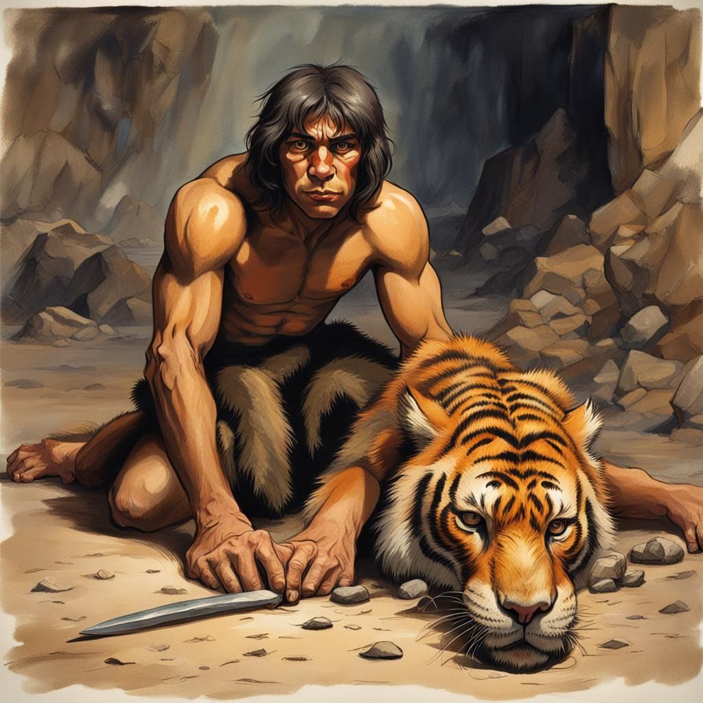 Young Neanderthal Man Relaxing by the Fire