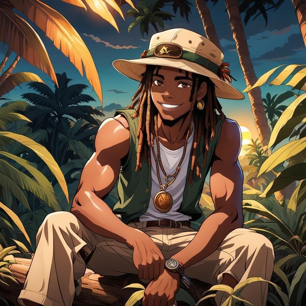 Anime Boy in Amazon Jungle at Sunset
