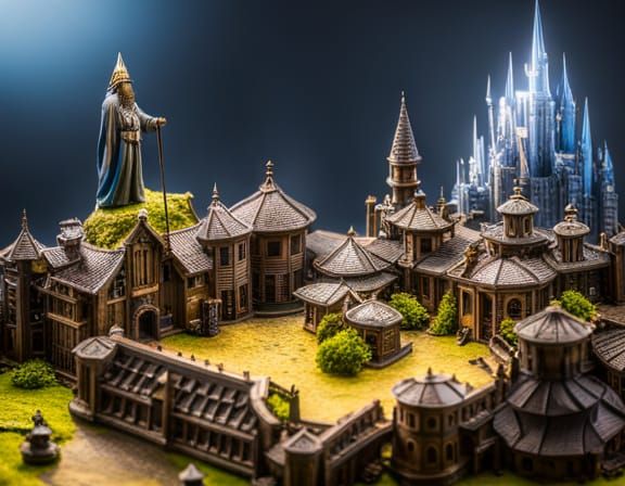 Giant Wizard Observes Miniature Fantasy Kingdom