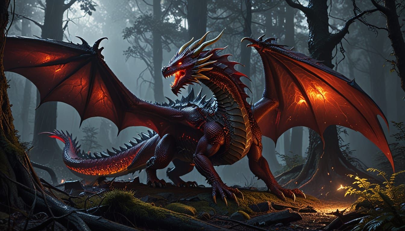 Red Dragon Shelters in Dark Forest: Fantasy Art