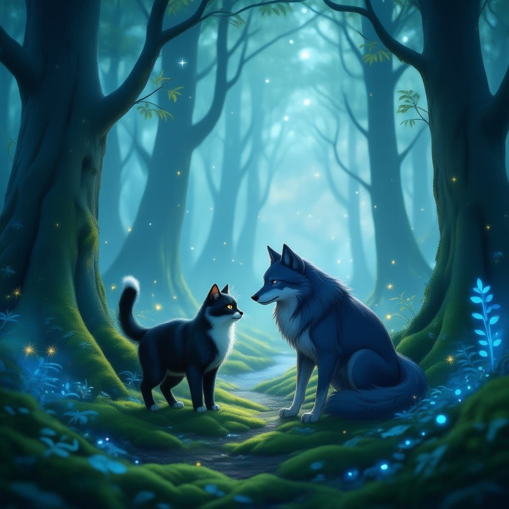 Cat and Wolf Forge Friendship in Enchanted Forest