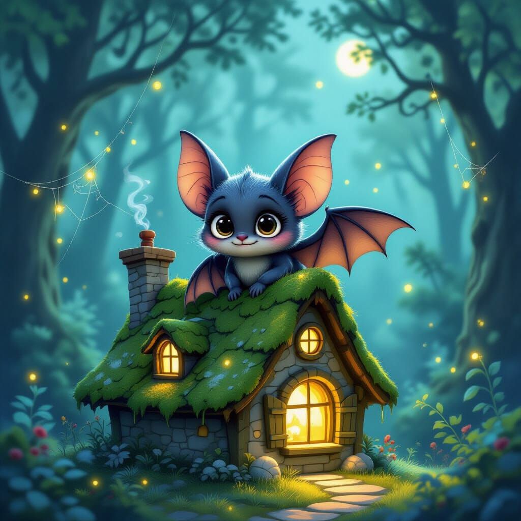 Melancholic Bat on Glowing Cottage Roof
