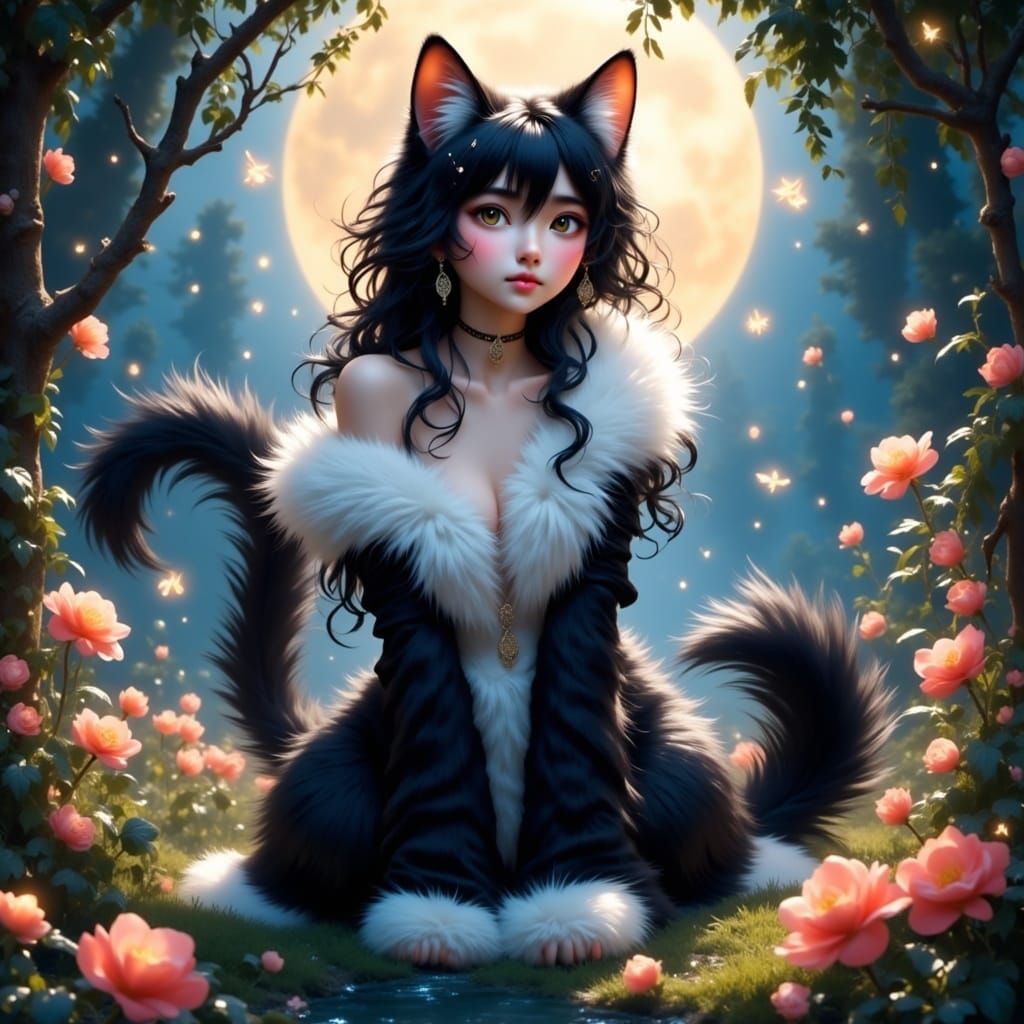 Whimsical Cat-Girl in a Dreamy Moonlit Garden