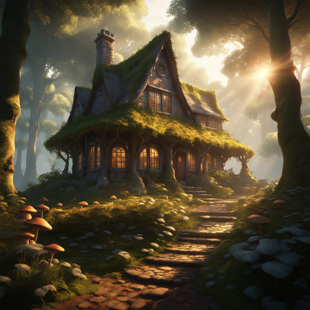 Whimsical Forest Cottage in Muted Blues and Oranges