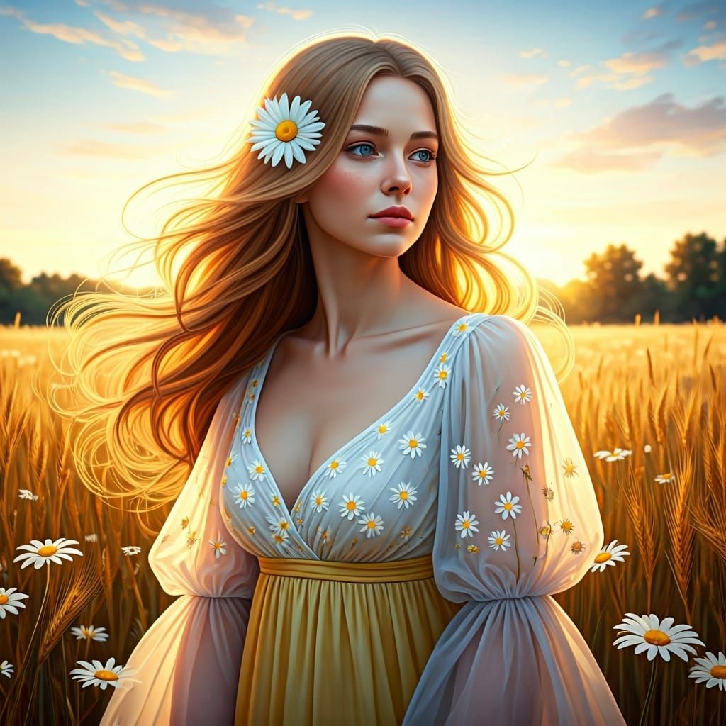 Woman in Wheat Field with Daisies, Hyperdetailed Art
