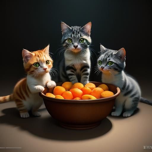 Three Kittens and Milk Bowl: Hyperdetailed Concept Art
