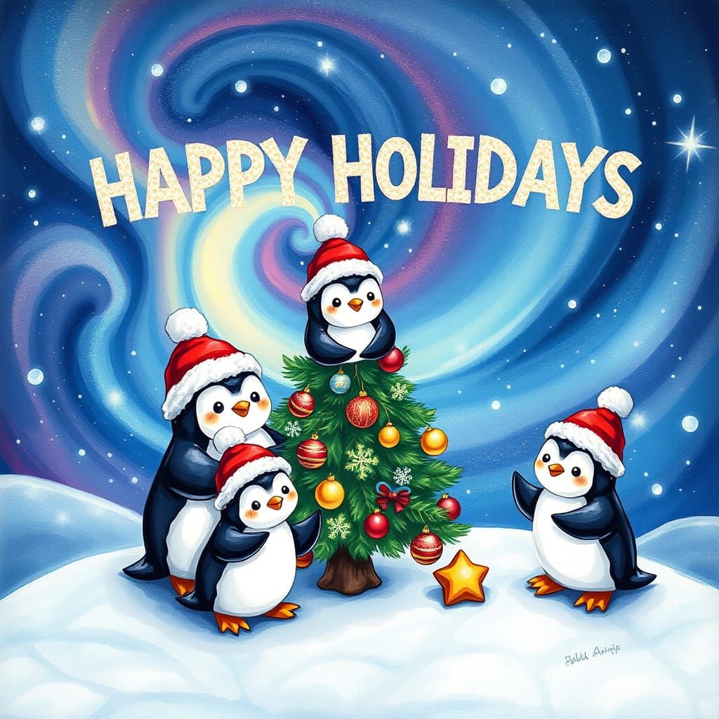 Kawaii Penguin Christmas Scene in Vibrant Cosmic Style