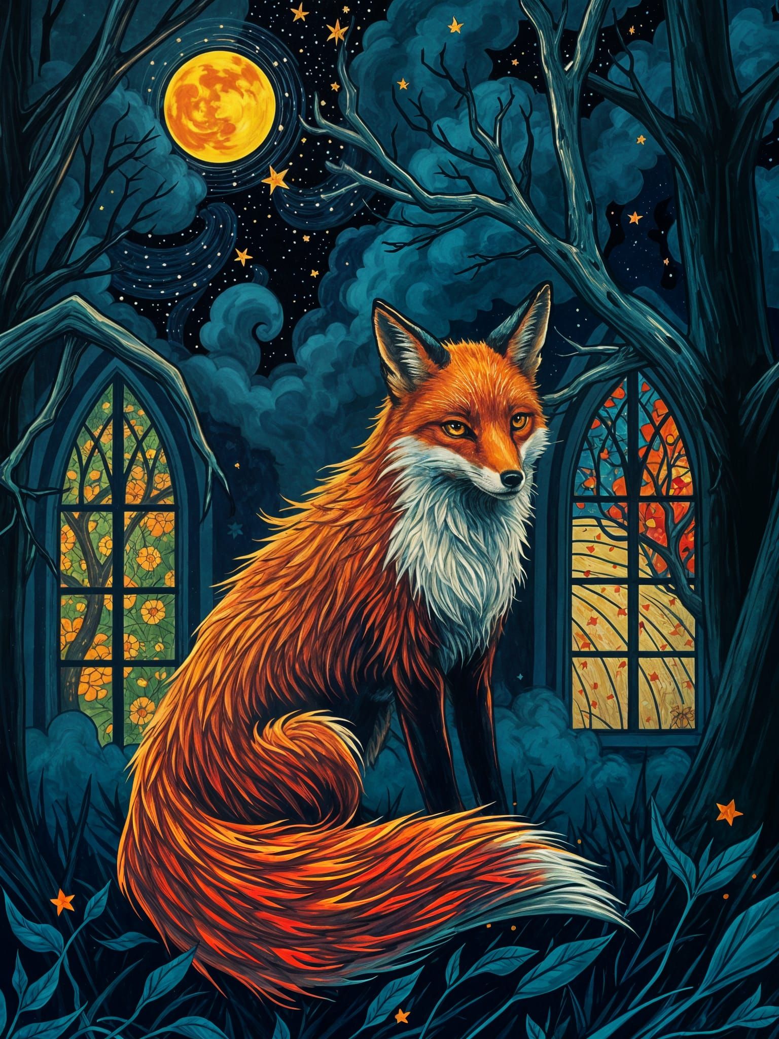 Forest Spirit Fox in Starry Stained Glass