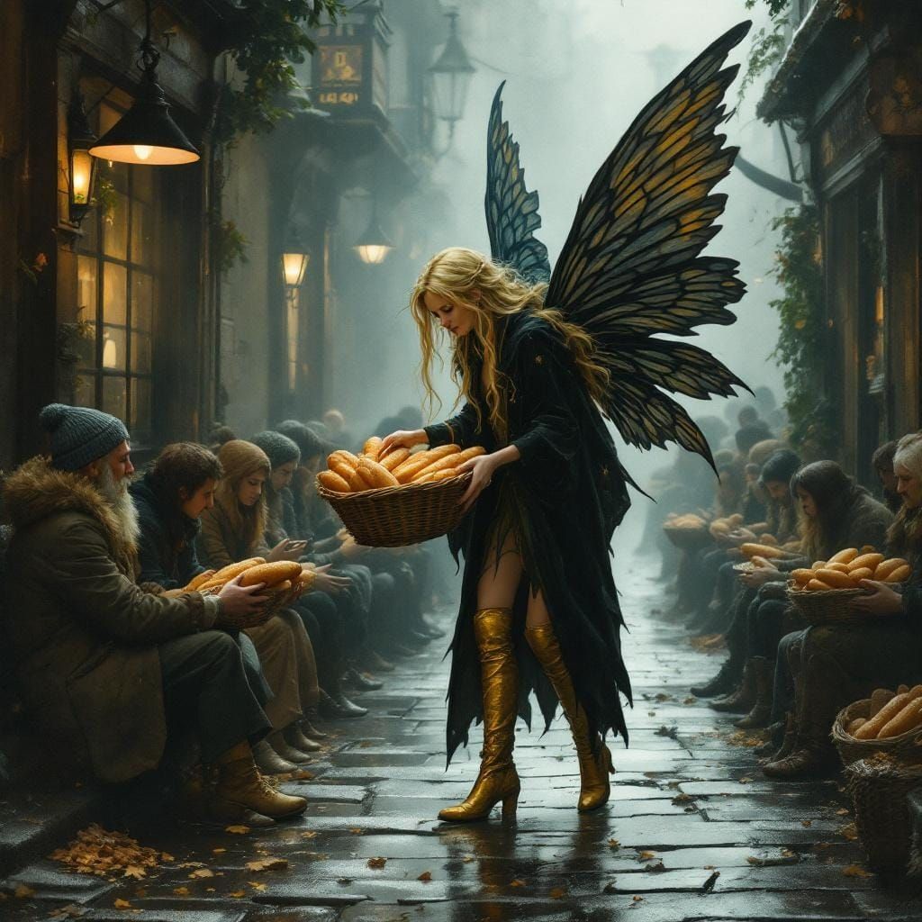Fairy Distributes Bread on Misty Cobblestone Street