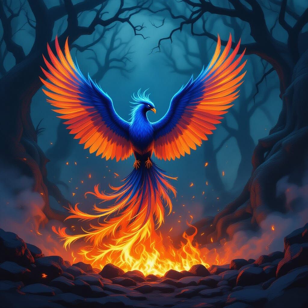 Blue Phoenix Rising from Embers in Ethereal Forest