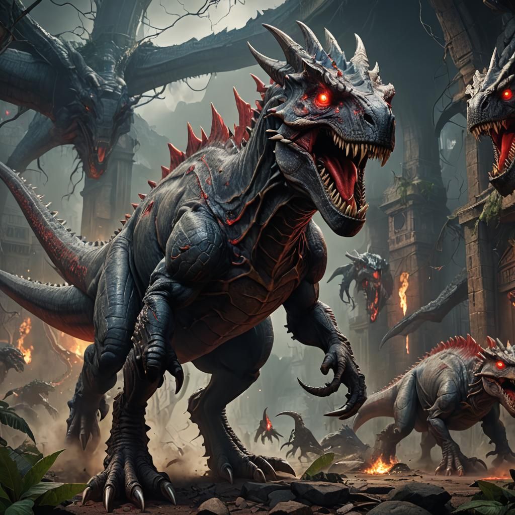 Demonic Dinosaur with Red Eyes: Fantasy Art