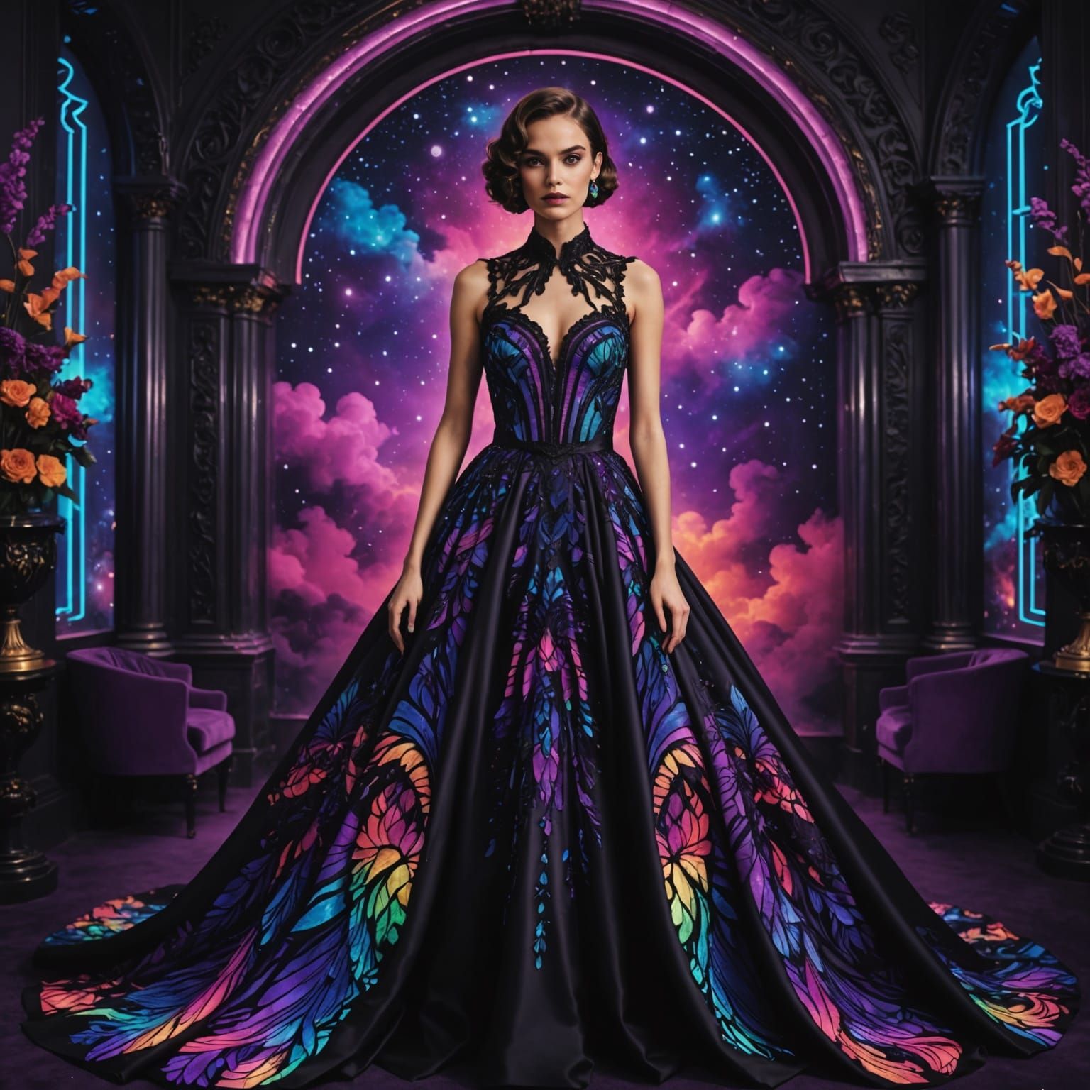 Vibrant Neon Formal Dress in Dramatic Art Deco Style