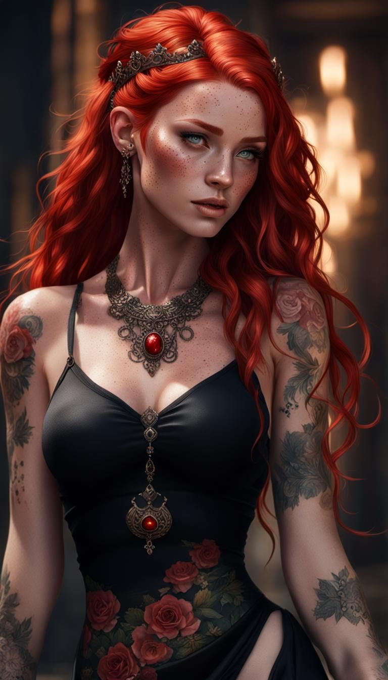 Tattooed Redhead with Crown: Ethereal Fantasy Portrait