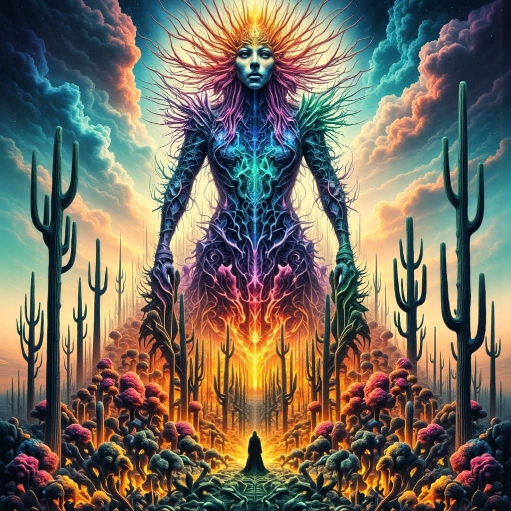 Surreal Desert Guardian Embodies Vibrant Ecosystem