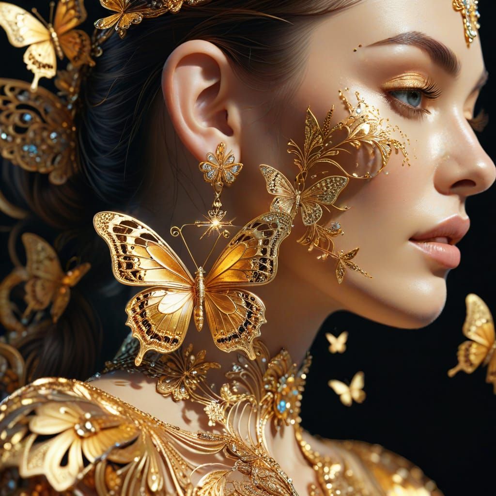 Gold Butterfly Earrings in Hyperrealistic Digital Art