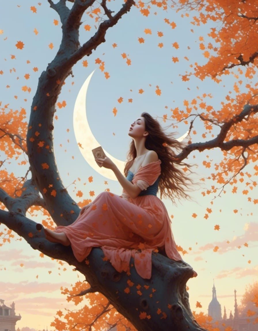 Mystical Woman with Tarot Cards in Autumn Tree