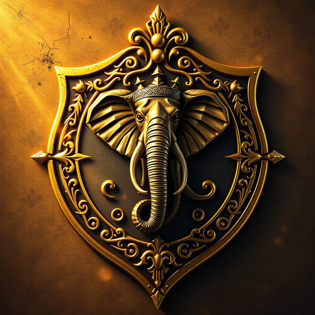 Golden Shield with Majestic Elephant in Classic Fantasy Styl...