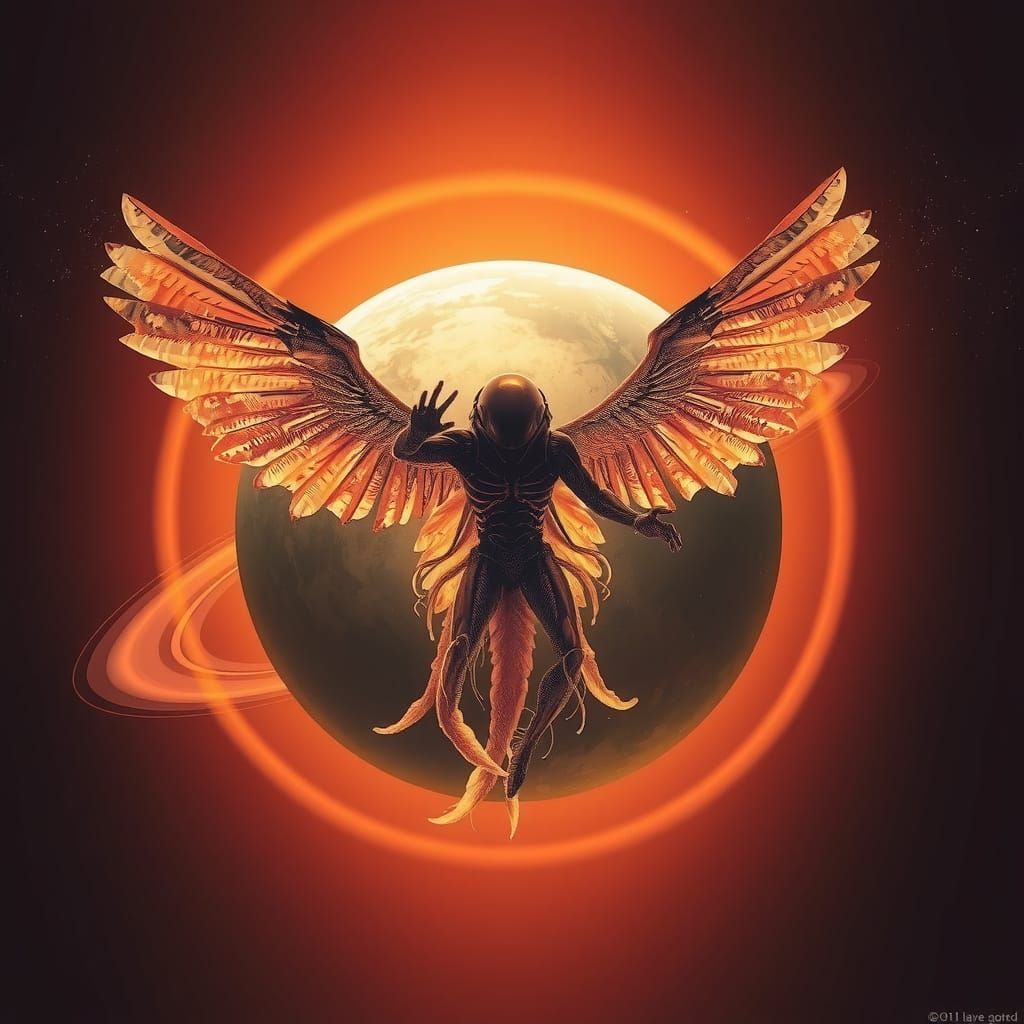 Double exposure: Xenomorph ANGEL overlaying a giant gas planet with SOLAR rings. Liquid gravity, Event horizon, Holograp...