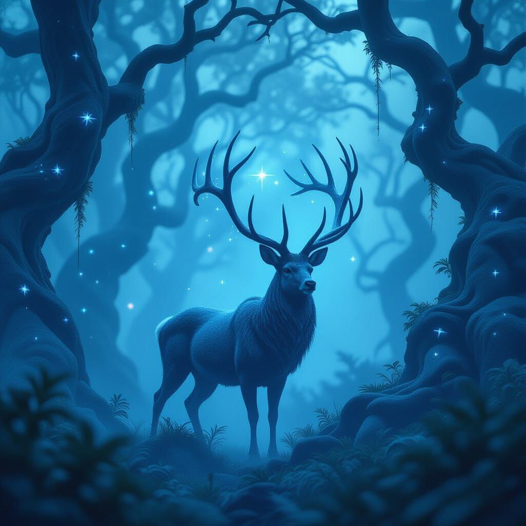 Ethereal Stag Spirit in Bioluminescent Forest