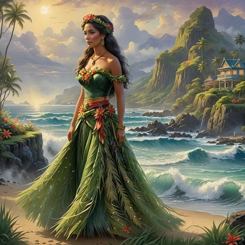 Queen of Hawaii in Traditional Dress by the Sea