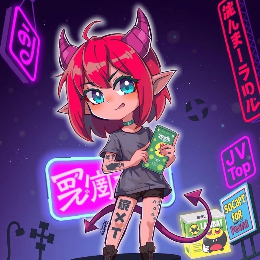 Neon Chibi Demon Girl in Studio Trigger Style