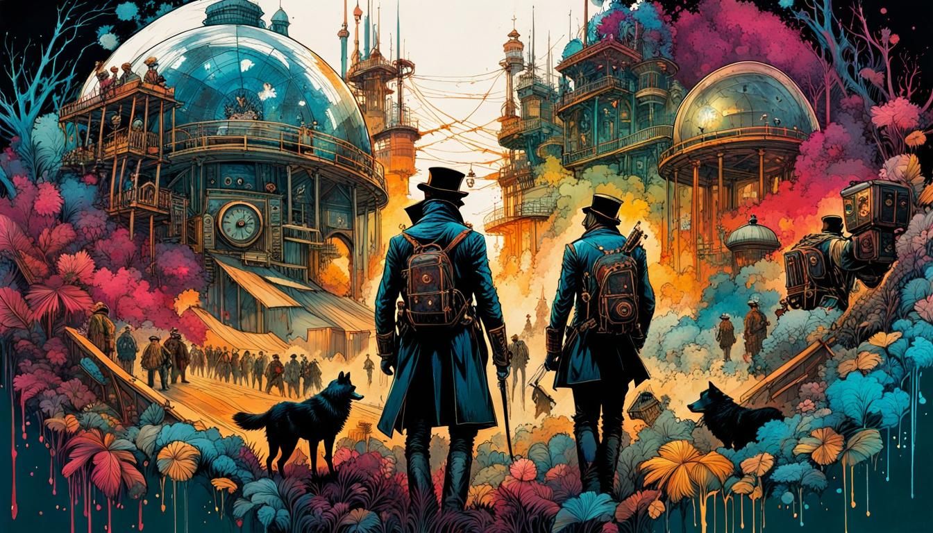 Colorful Steampunk Eskimo Village with Wolves