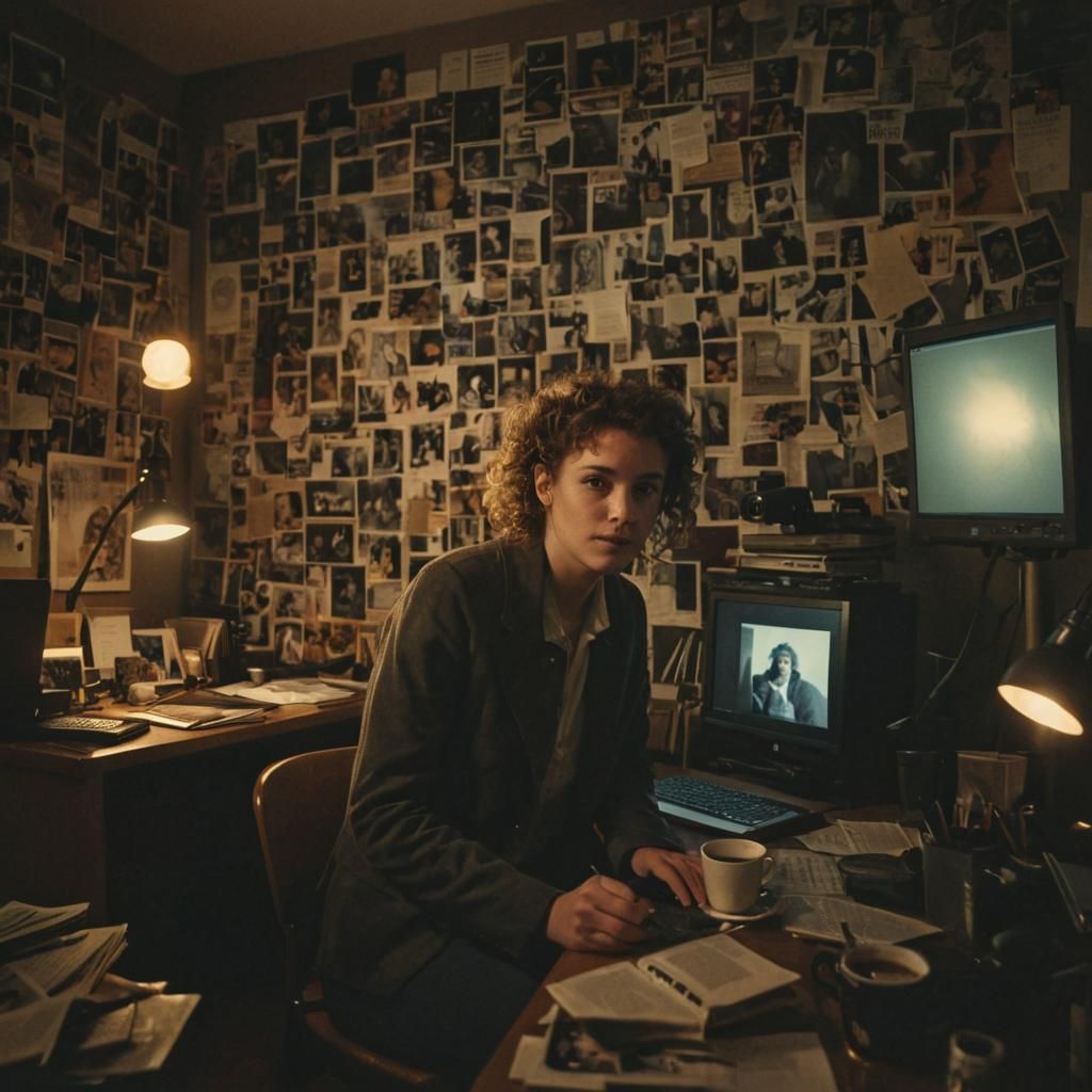 Film Maker Surrounded by Digital Archives in Warm Cinematic....