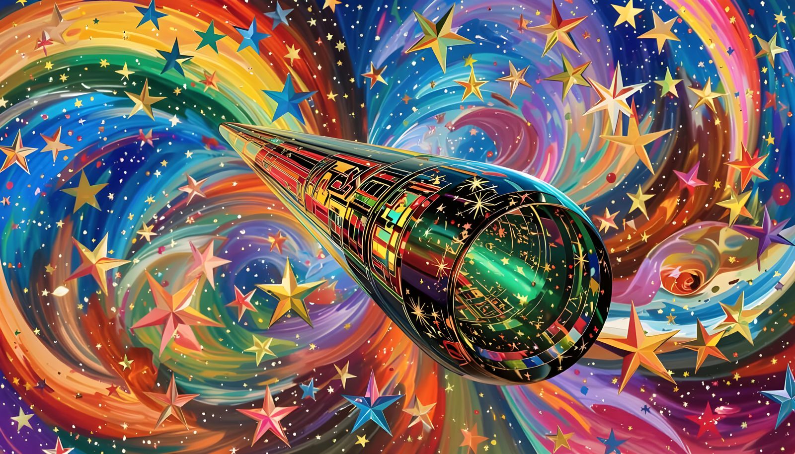 Surreal Cosmic Cylinder Reflecting Impasto Starry Sky