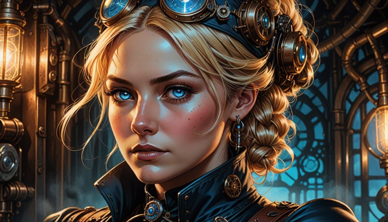 Beautiful Steampunk Woman Portrait in Comic Book Art Style