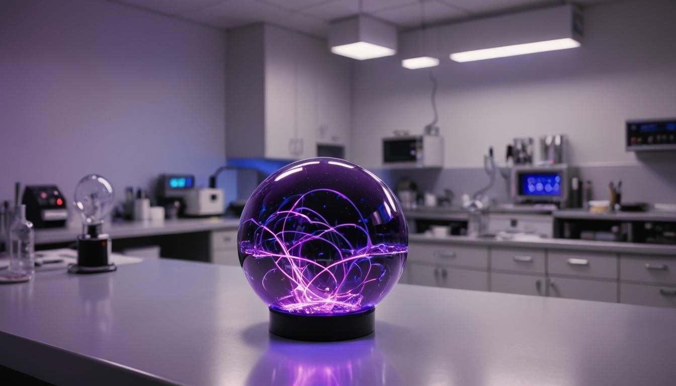 Glowing Radium Orb in Neon-Lit Laboratory