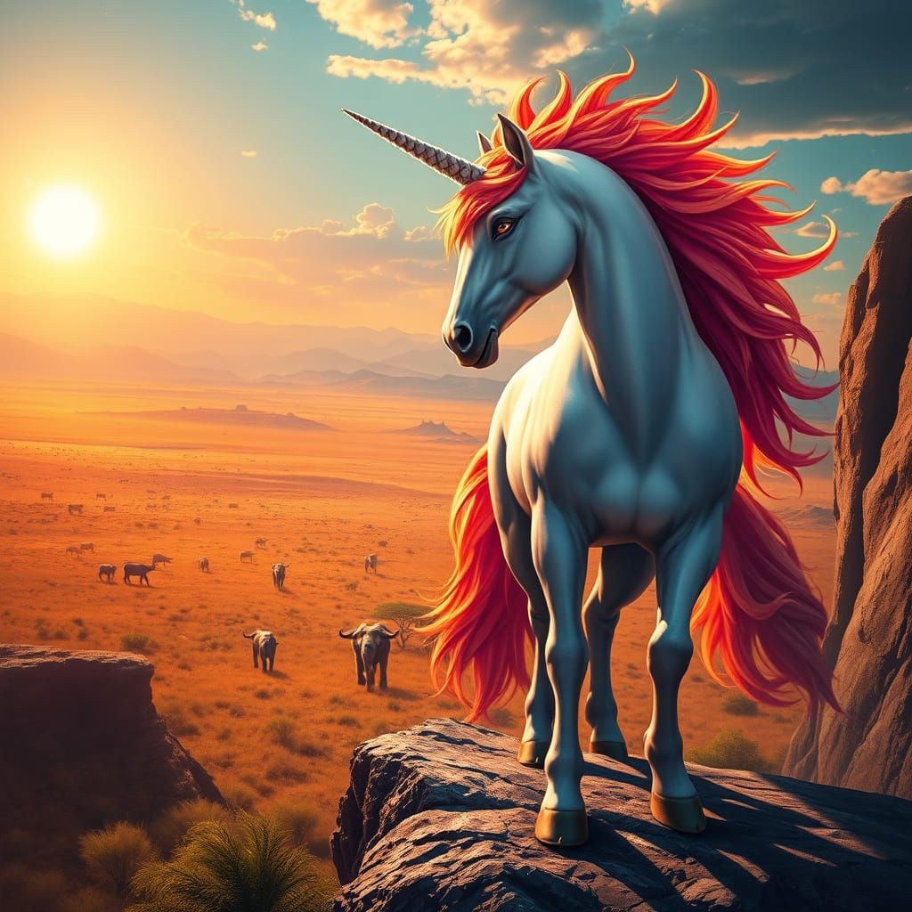 Unicorn with Fiery Mane Overlooking Savanna