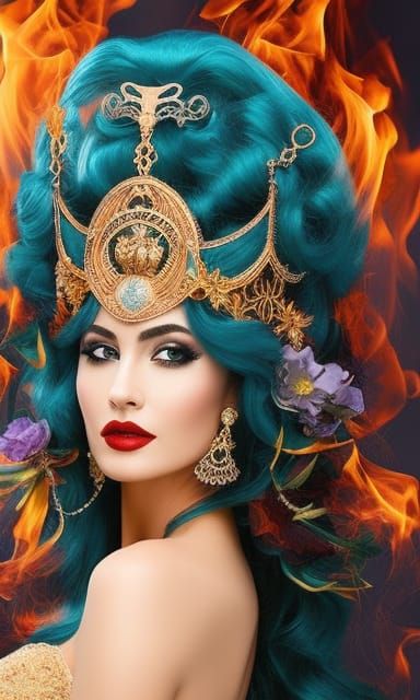 Elemental Goddess Surrounded by Fire, Water, Earth, Air