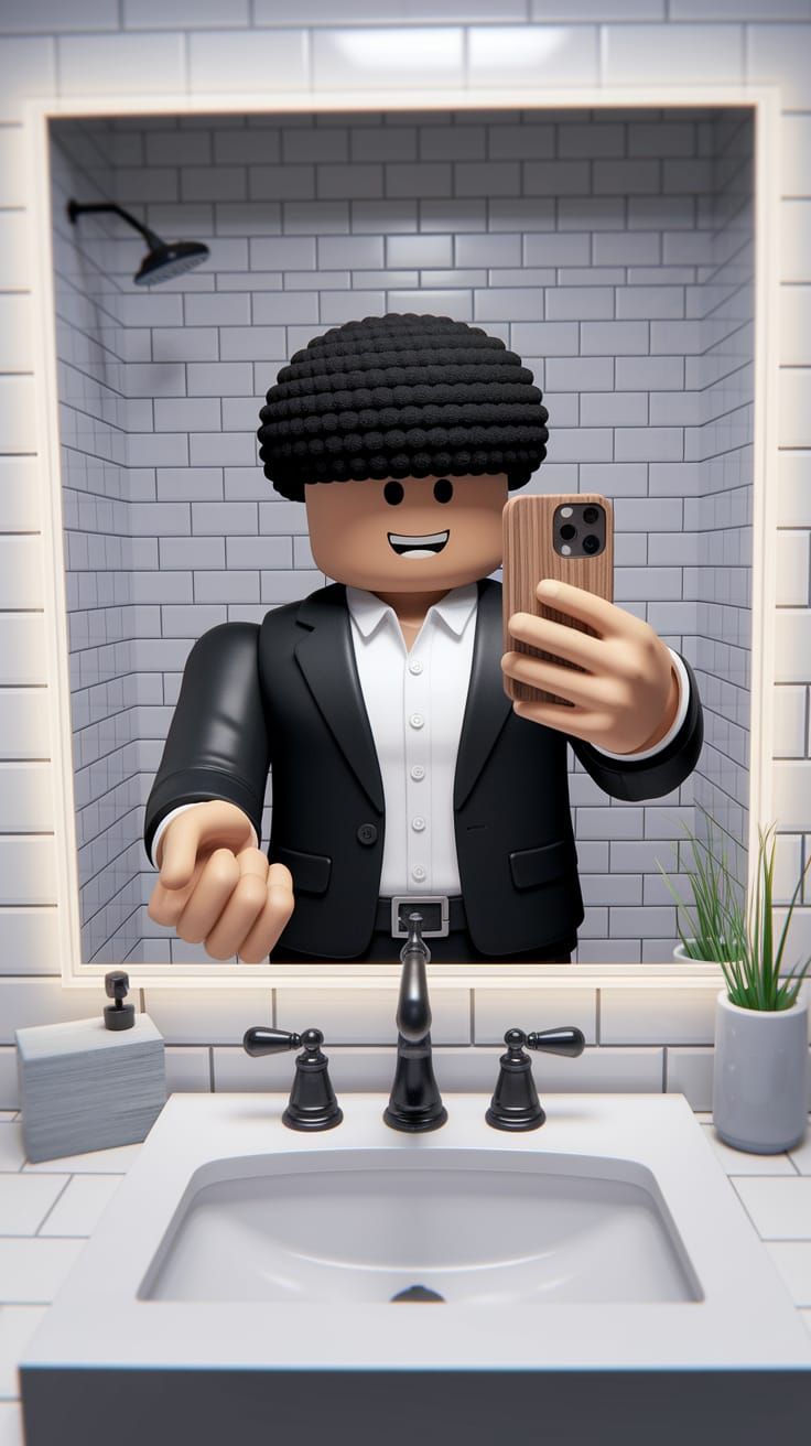 Suave Roblox Character in Formal Attire Takes a Bathroom Sel...