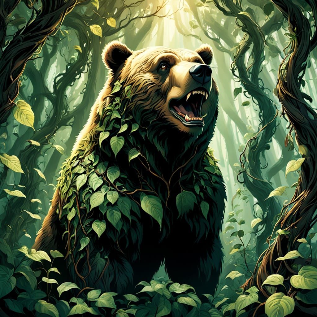 Bear Spirit Made of Leaves in Comic Book Style
