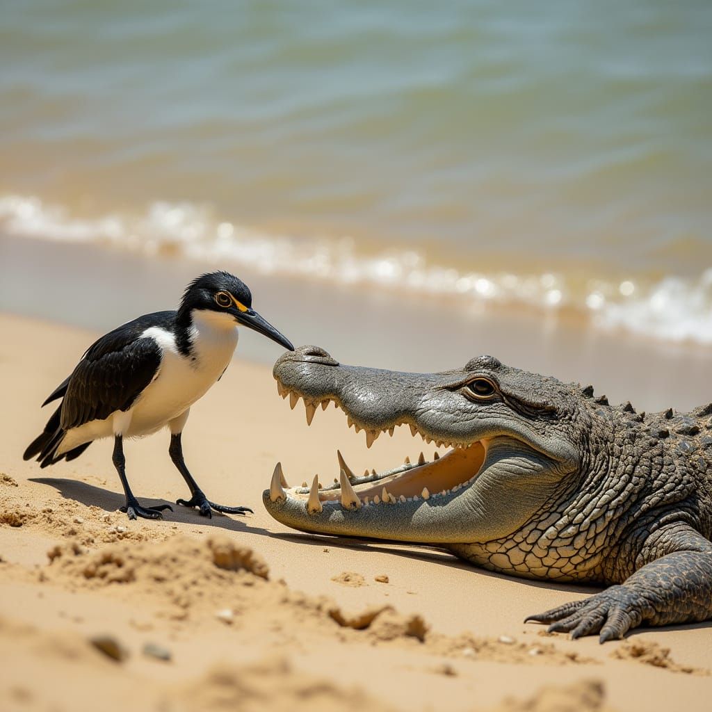 Dentist Bird Cleaning Crocodile's Teeth on African Beach