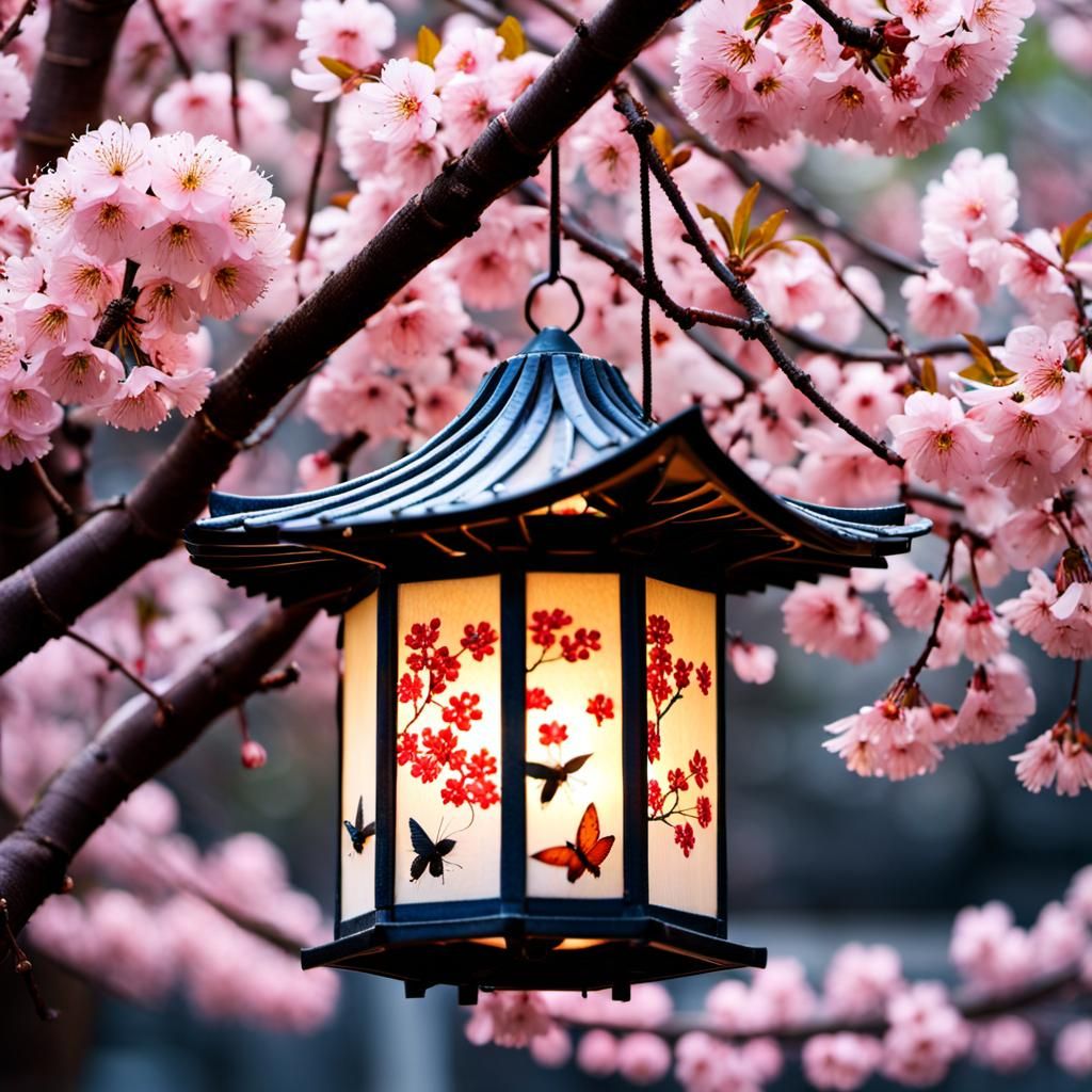 Lantern on Sakura Tree with Moths