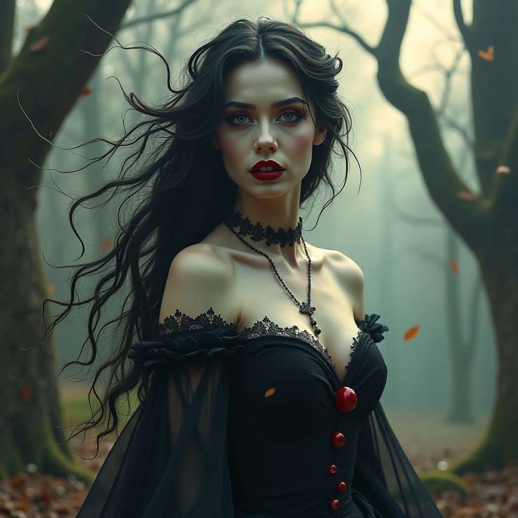 Lady Vampiress in Gothic Landscape with Golden Light