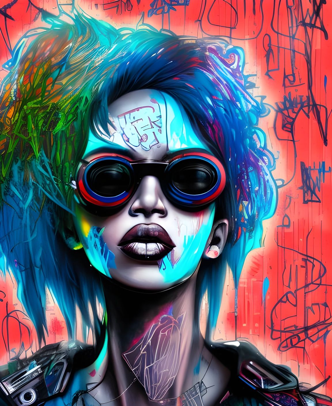 Cyberpunk Graffiti Girl with Blue Fire Hair