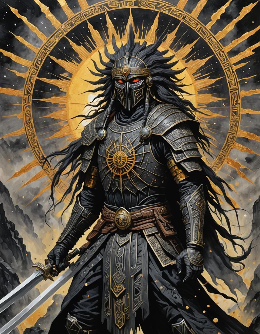 Detailed Gouache Painting of a Black Sun Warrior