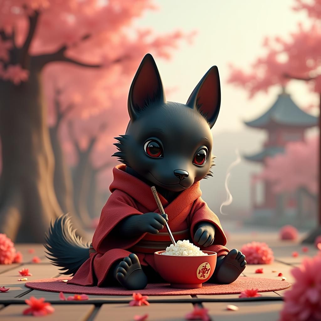 Ninja Dog Eating Rice: 3D Anime Concept Art