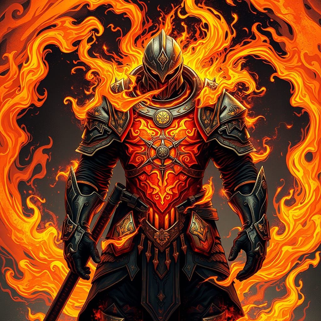 Warrior Enveloped in Swirling Flames