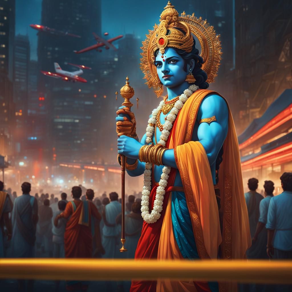 Krishna in Modern City, Hyperdetailed Digital Art