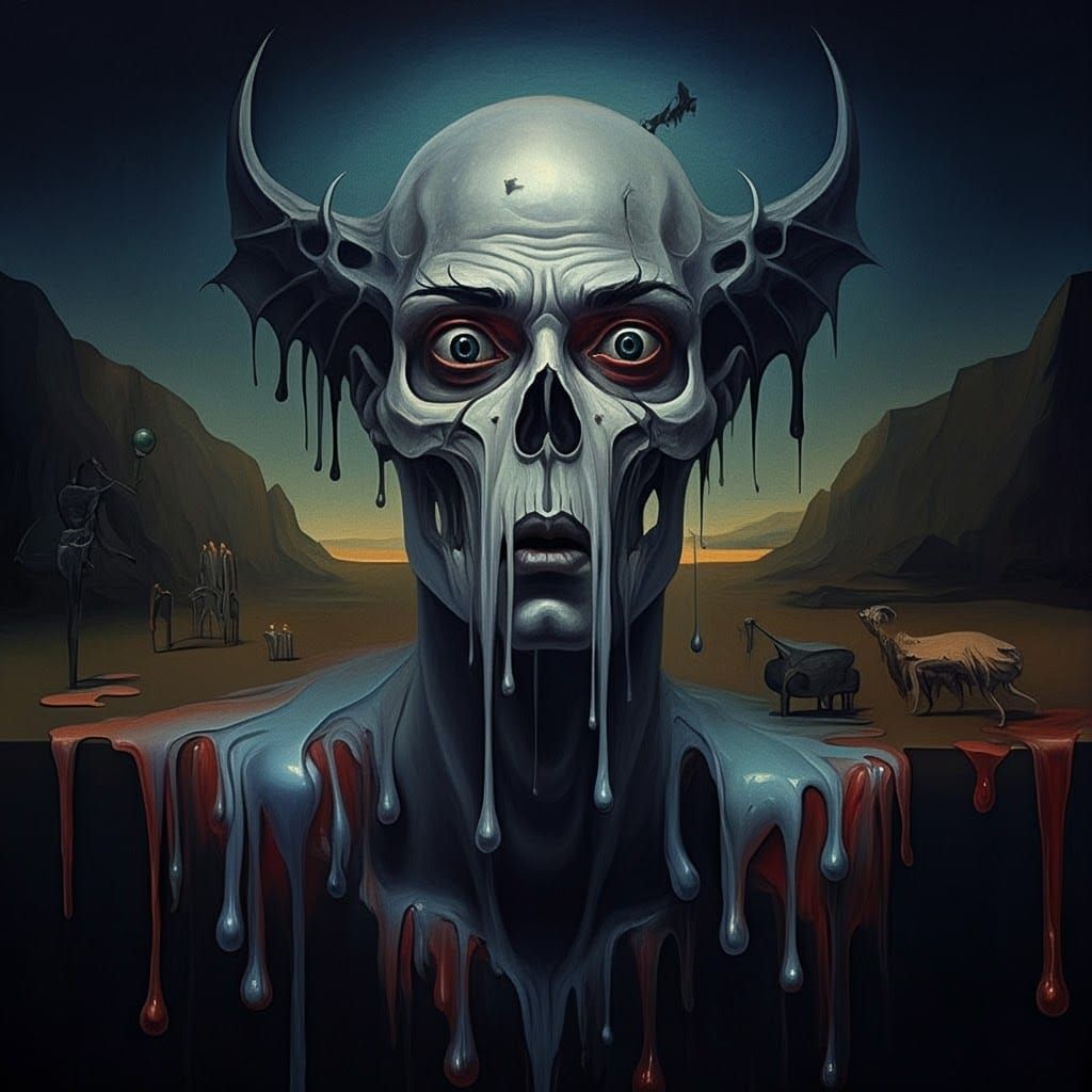 Dark Surreal Masterpiece with Melting Oil on Matte Canvas